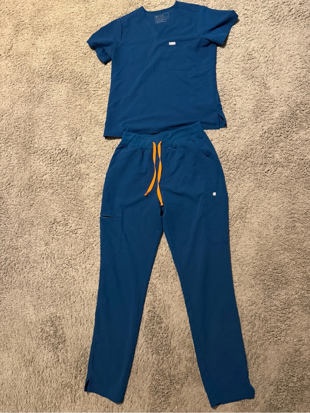 Figs Women’s Two-Piece Pajama Set in Royal Blue with Orange Drawstring